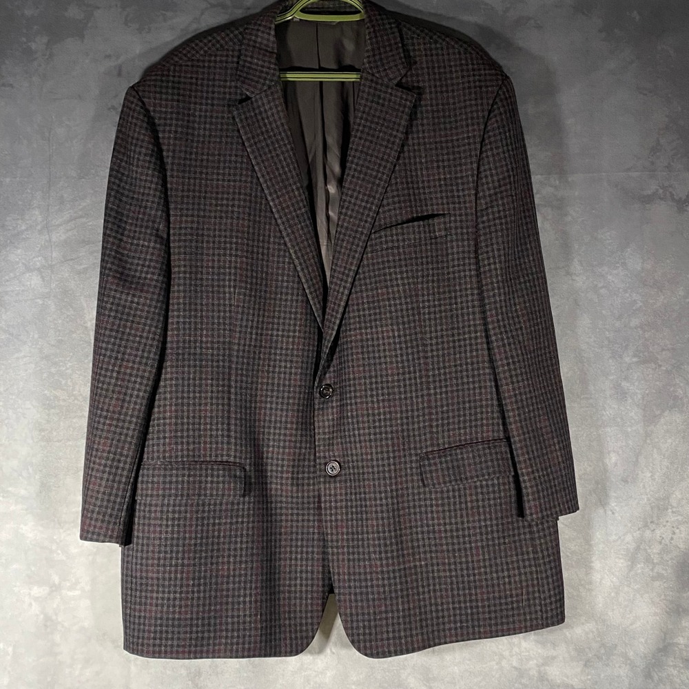 Lauren Ralph Lauren Mens Grey Burgundy Plaid 2 Button Blazer Sport Coat